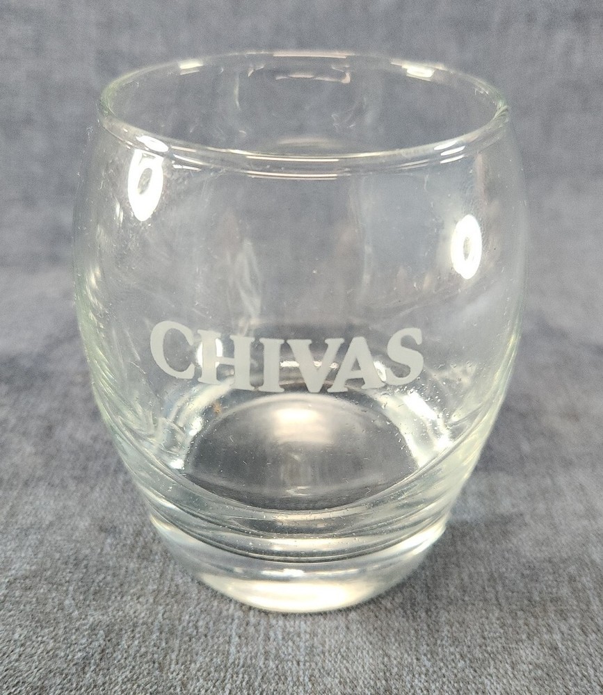 Pair Chivas Regal Scotch Whisky Etched Logo 10oz rocks glasses Line Optic u-3H