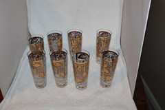 MCM 16 oz, Oriental, Gold, Gray Leaf Frosted Design, Lot of 8 Glasses