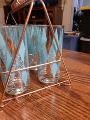Vintage Hazel Atlas Teal Diamond Harlequin Glasses Set of 8 Caddy Plus 2 Spares
