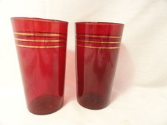 2 Ruby Depression Glass Tumblers Gold Rings 4 3/4 Inch
