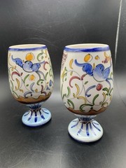 Vintage Signed Portugal Goblets Ceramic Cups Hand Painted Set of 2 Blue Birds