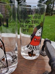 Vtg Mid Century Barware Glasses Characters & Phrases Set of 7 Highball