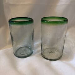 Hand Blown Mexican Drinking Glasses Set Of 2 Clear Emerald Green Rim
