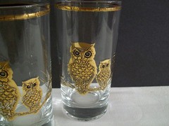 MCM CULVER Gold Encrusted Owl Tumblers – Set of 4 – 10 Ounce –1960’s- Highballs