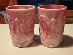 Antique Dugan Pink Slag Tumbler «Inverted Fan & Feather» – 365 Glow – Rare