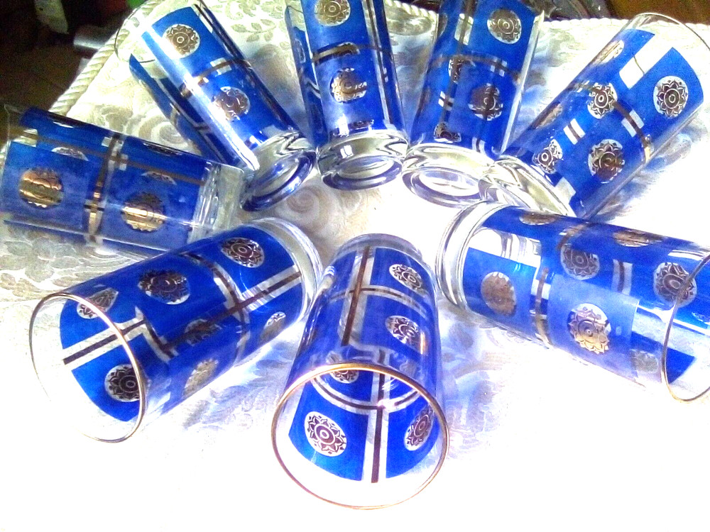 💥 8 Highball Gold Cobalt Blue Art Deco Glasses MCM VTG Retro Atomic Barware Bar