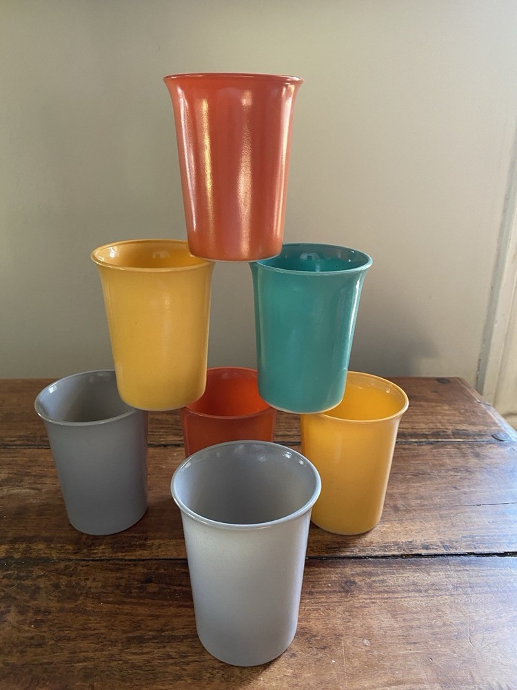 7 Vintage Hazel Atlas Moderntone Tumblers Set Milk Glass Platonite Juice retro