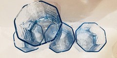 4 Libbey Facets Light Blue Old Fashioned Glasses Textured Octagon Tumblers EUC