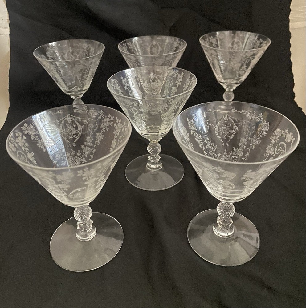 Set Of Six Cambridge Glass Co. Diane Etched Cocktail/Sherbert Glasses