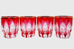Cranberry Cut to Clear Shot Glasses Set of 4 Gold Gilded Rim Bohemian Vintage
