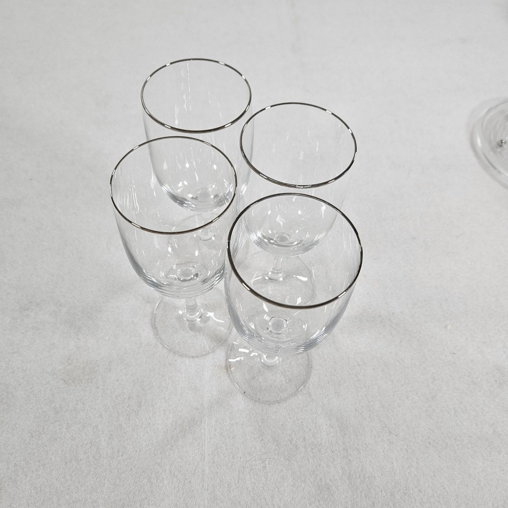 Set of 4 Clear Wine Glasses Platinum Silver Rim Stemware Goblets