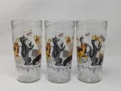 Anchor Hocking Butterflies Cats on Fence 6″ Glass Tumblers, Set Of 6, Vintage