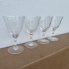 Set of 4 Mid Century Modern Floral etched Crystal 3oz Claret Wine Glasses