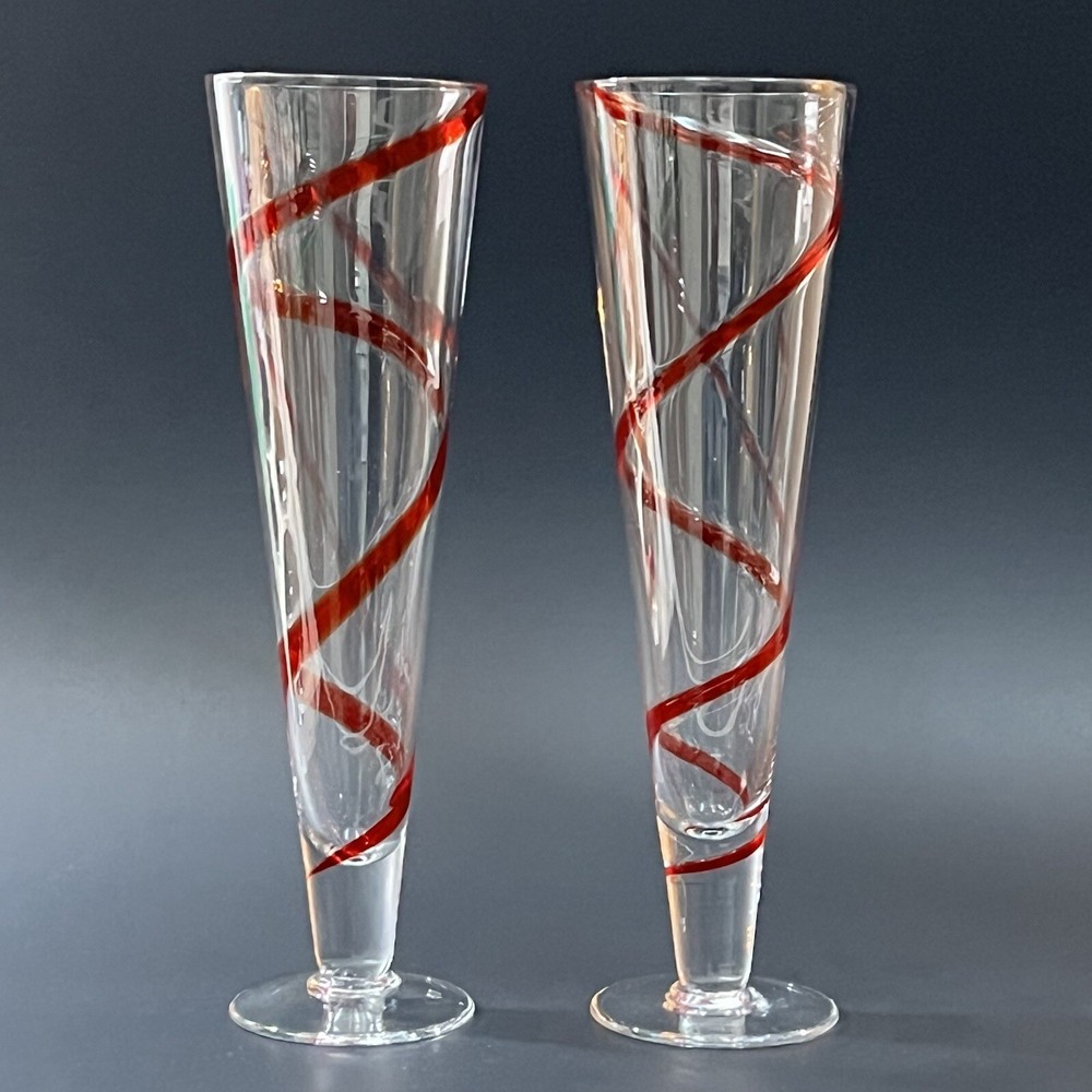 Set of 2 Pier 1 Imports RED SWIRL SWIRLINE Blown Pilsner Glasses 10 1/8″