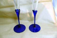 2 COLONY Glasses Flutes Wine Champagne Amaryllis Stem Cobalt Blue 11.2″ tall set