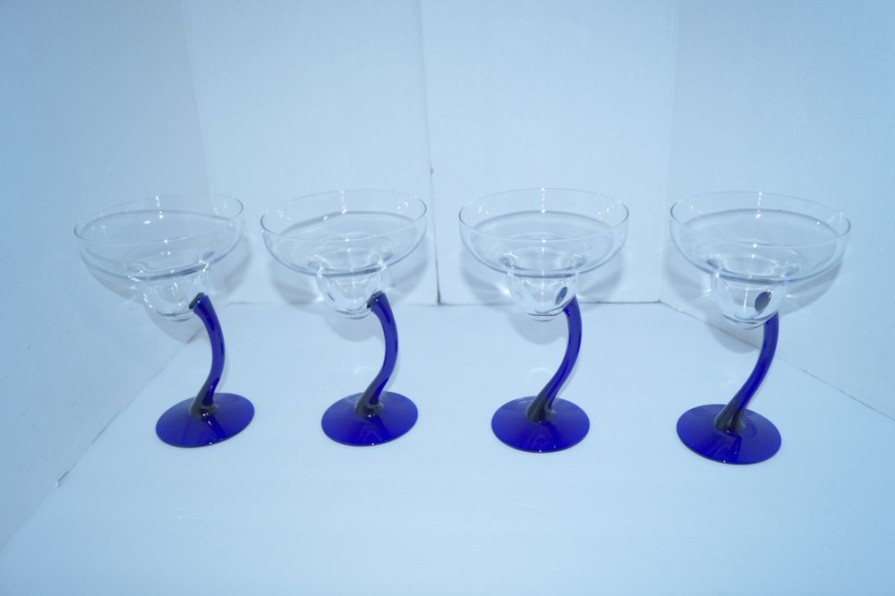 Cobalt Blue Libbey Bravura Margarita Glasses Curved Stem Set of 4 7.25″ Tall EUC