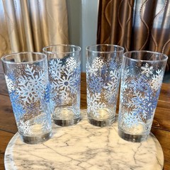 4pc VTG Libbey Blue White Snowflake Holiday Christmas Glasses Glass Tumbler