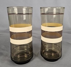 Set of 2 Libbey Striped Brown and Tan 1970’s Retro Glasses Tumblers 16oz
