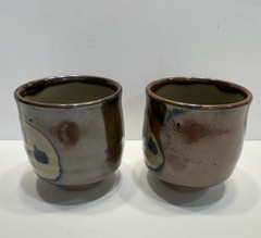 Handmade Japanese Stoneware Yunomi Tea Cups Pottery Signed Pair 3.5” Japan Set