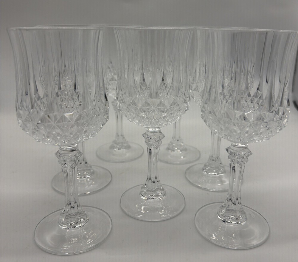 Set of 7 Vintage Cristal D’Arques-Durand Longchamp Crystal Wine Glasses 6.5” H