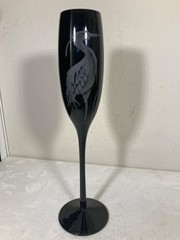 VINTAGE Blsck Cranberry Glass Champagne Flute, Etched Crane, 10.75” Tall