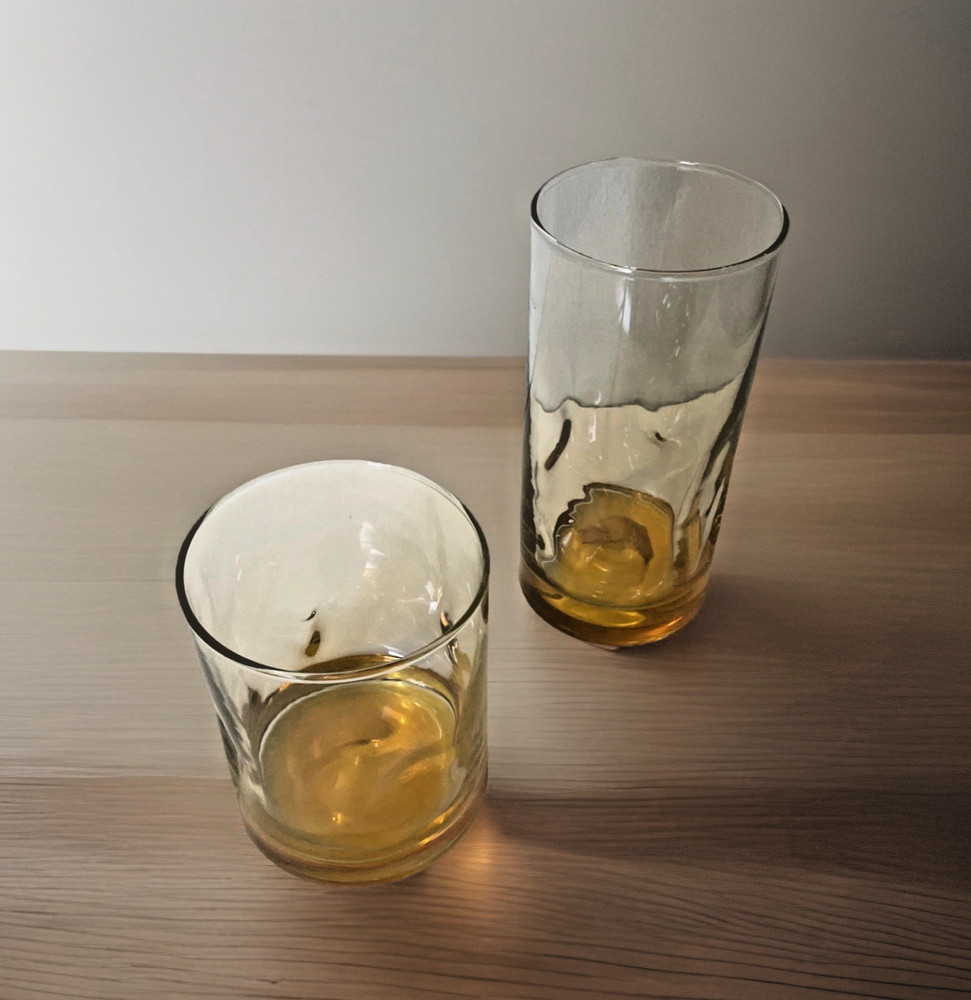 Hand Blown Thumbprint Glasses Set of 2 Orange Tumbler Pinched Sides Numbered