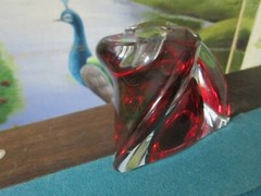 Val St Lambert France Signed Free Form Crystal Clear To Red Pair Candle Stick