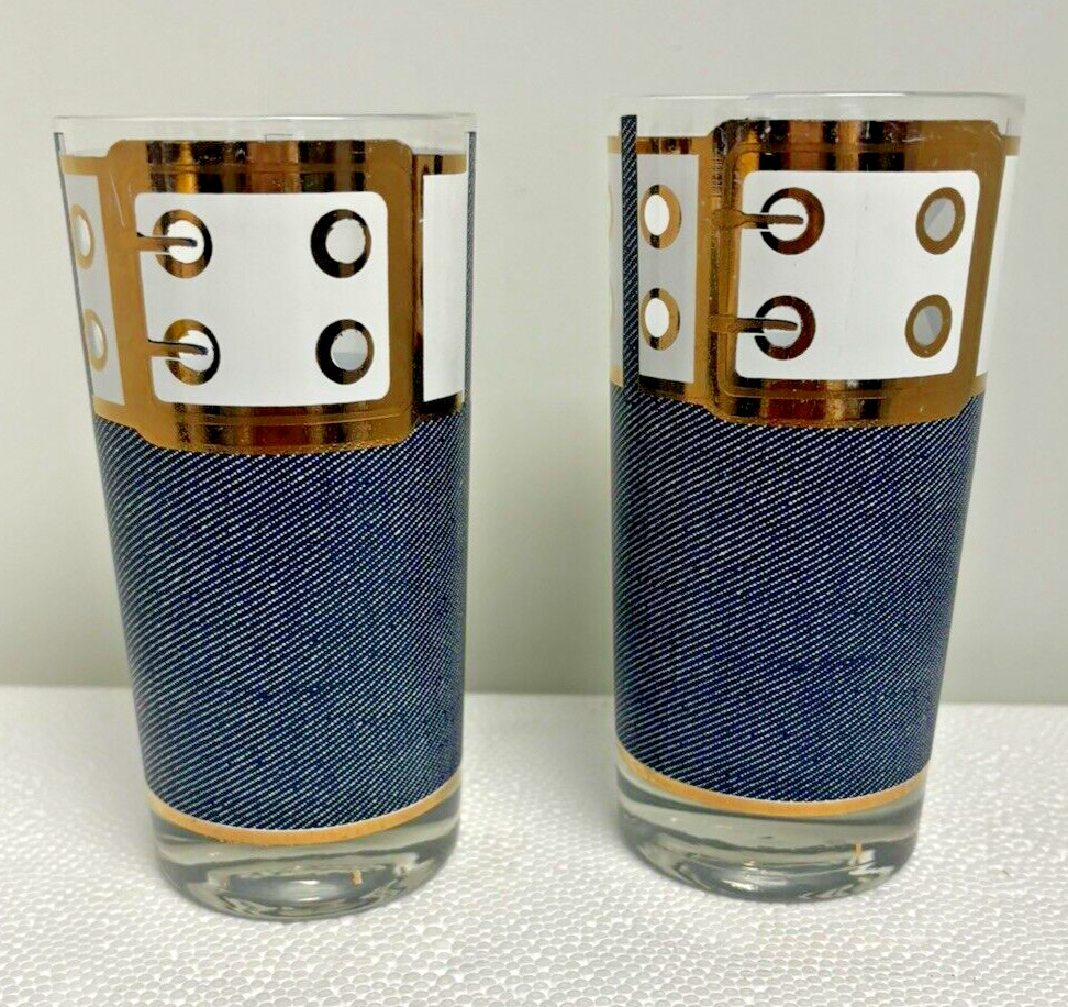Cera Blue Jeans Tom Collins High Ball Glasses Demin Belt Buckle Hipster Retro