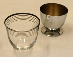 05/16 Set of 4 Chase Silver Band Art Deco Glass Glasses w/Metal Cups, Cork Base