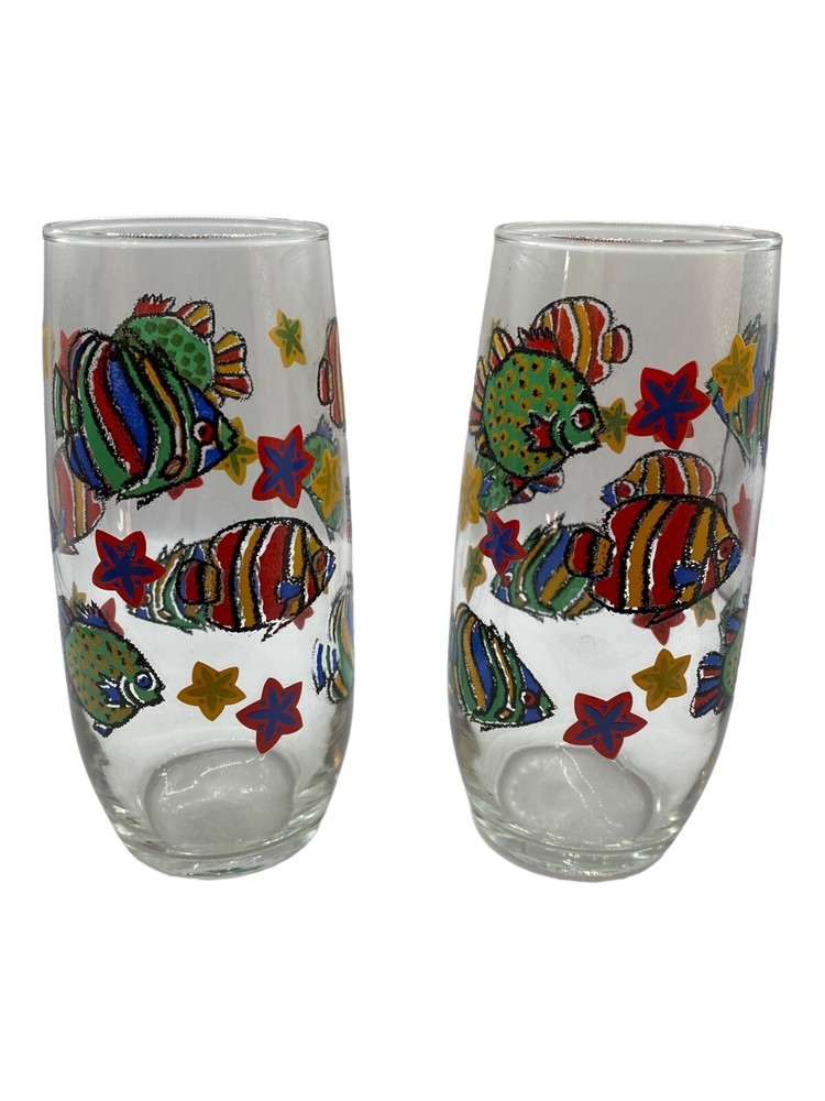 Vtg Libbey Tropical Fish MCM Retro Water Tea Glass Tumblers Beverage Set Of 2