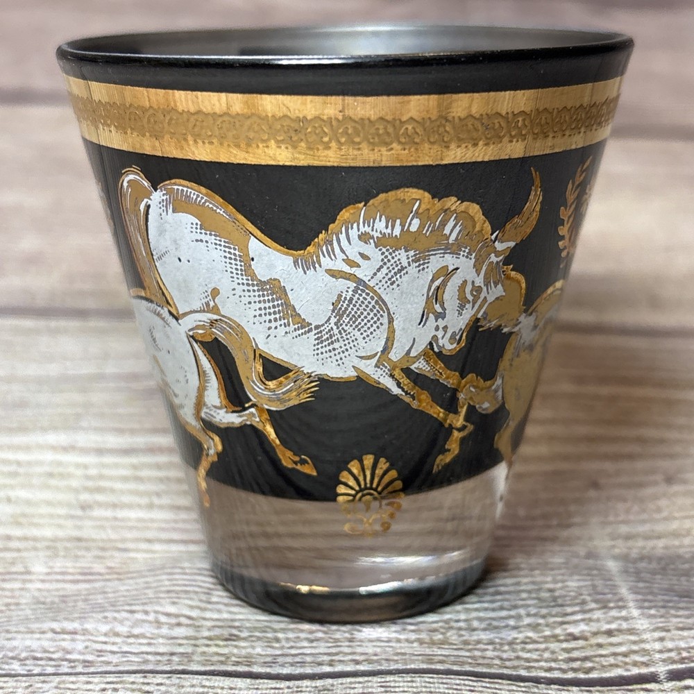 Small Culver Ming Dancing Horses Stallions Cocktail Glass Smoke Gold MCM 3”