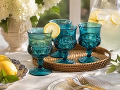 Set Of 4 Vintage Indiana Glass 4” Teal Blue Kings Crown Thumbprint Goblets