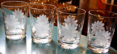 Vtg Set 4 ROYAL ALBERT Double Old Fashioned Hand Blown Glasses GRAY CUT FLOWERS