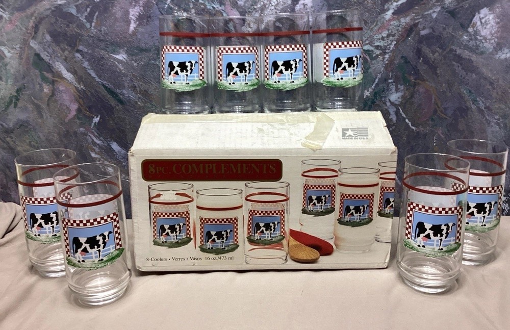 8 Century Fannie’s Farm 16 Oz Tumbler Glasses Set Cow Country Kitchen Lot