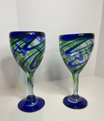 Pair of Swirling Blue/Green Hand Blown Glass Goblets Wine Glasses