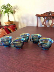 Set of 5 Blue Iridescent Carnival Glass Handled Cups, Decorative Finish
