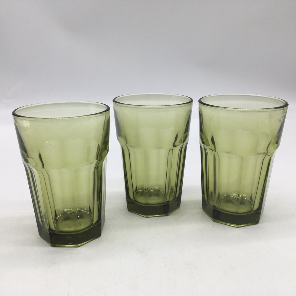 Libbey Gibraltar 14 oz Flat Tumbler Glass 5″ Olive Green Lot Of 3 Drinkware VTG