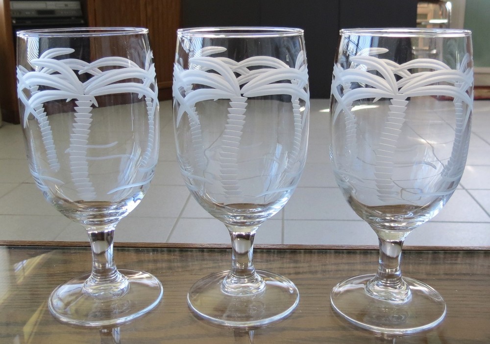 3 ROLF GLASS CRYSTAL PALM TREE ETCHED 7″ PEDESTAL ICED TEA GOBLETS – EXCELLENT!