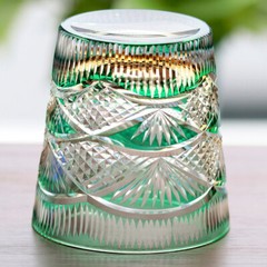 Japanese Style Edo Kiriko Drinkware Hand Cut To Amber Green Whiskey Glass 11oz