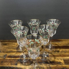Vintage 80s Mikasa Crystal Ribbon Holly hand blown Set of 6 Glasses Gold Rim