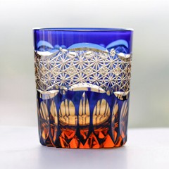 Classic Edo Kiriko Glass Hand Carved Whiskey Glass Party Drink 8.5oz Amber Blue