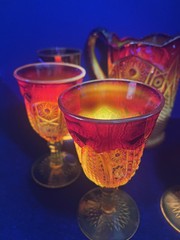 VTG Indiana Heirloom Cadmium Glass Amberina Iridescent Pitcher&6 Goblets Set EUC
