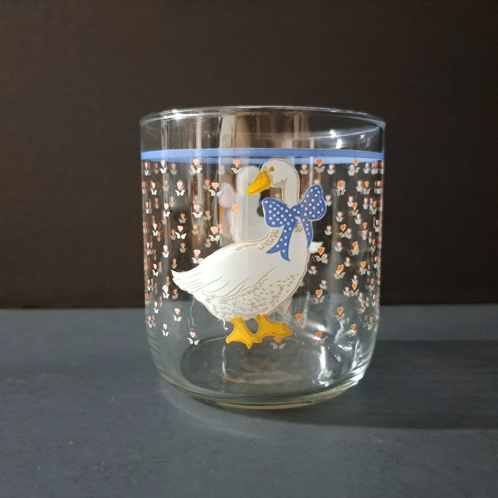 Libbey Country Goose Glass Tumbler 1980s Blue Bow Tulips 3 3/8″ Vintage USA