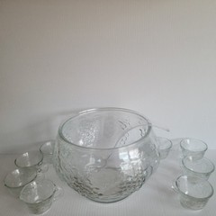 Indiana Glass Punch Bowl with Embossed Grapes, 8 Matching Cups and Hooks