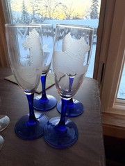 Vintage Cobalt and Clear Glass Etched «Dogs» Glassware Numbered Engraved 4set