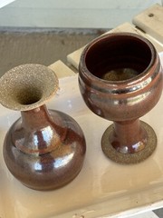 2 Pottery Stoneware Wine Goblet Chalice Hand Crafted Rusty Glaze Beautiful