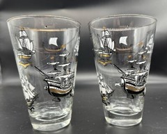 set of 2 MCM sailing ships with gold detail barware tumbler glasses
