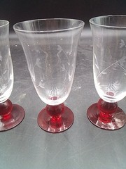 Clear Flower etched Glasses with Red Ball Stem & Foot Ice Tea Glasses/ Set of 4