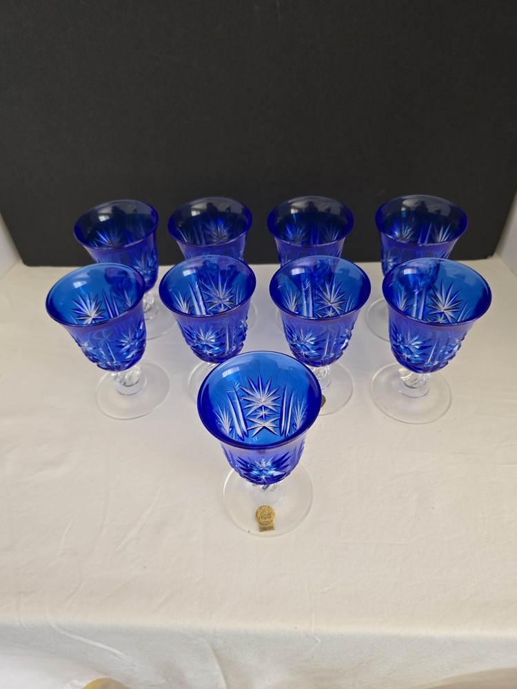 9 Vtg Cristal D’Arques Lead Crystal Footed Cobalt Blue Cut To Clear Wine Glass