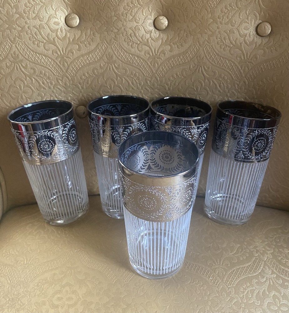 CULVER . SET OF 5 Vintage Highball Glasses MCM Barware Embossed Silver Trim